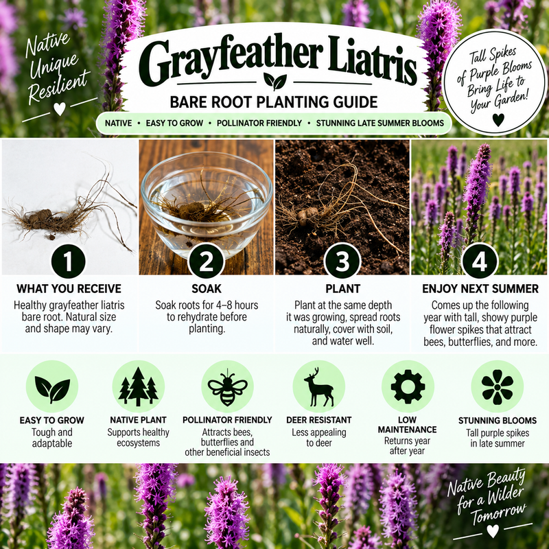 A Grayfeather Liatris bare root planting guide infographic showing four steps: what you receive, soak, plant, and enjoy next summer, with a photo of purple liatris flowers at the bottom.