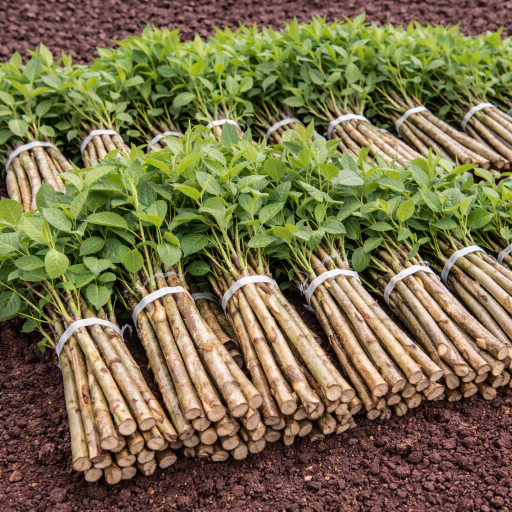 Bundles of young Hydrangea Live Stakes with vibrant green leaves and light brown stems tied with white bands