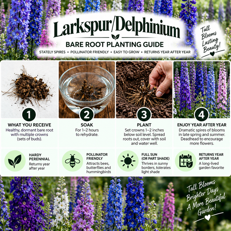 A bare root planting guide for Larkspur/Delphinium flowers, featuring four numbered steps with illustrations and text: what you receive, soak, plant, and enjoy year after year. The guide is set against a background of purple and blue delphinium flowers.