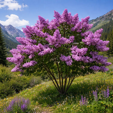 Lush lilac shrub with vibrant purple blossoms in sunlit meadow