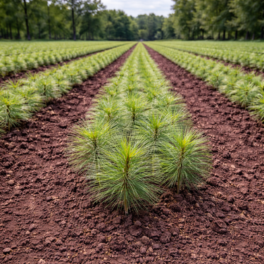 Rows of Loblolly Pine Seedlings with vibrant green needles in rich soil