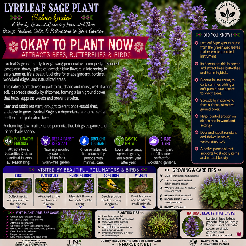 An educational infographic poster about the Lyreleaf Sage Plant (Salvia lyrata) by Tinsley's Nursery. The poster features a large central photo of purple flowers and green leaves, with extensive text detailing its characteristics, pollinators, planting tips, and care instructions.
