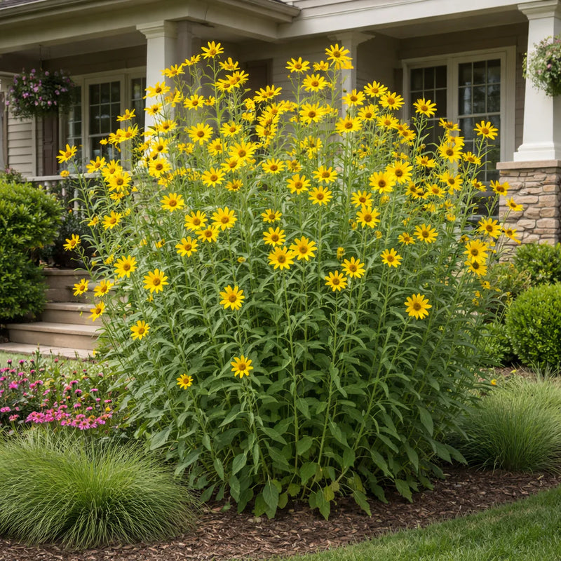 A large bush of Maximilian Sunflowers blooming in a landscaped garden bed in front of a house with white columns and stone trim.