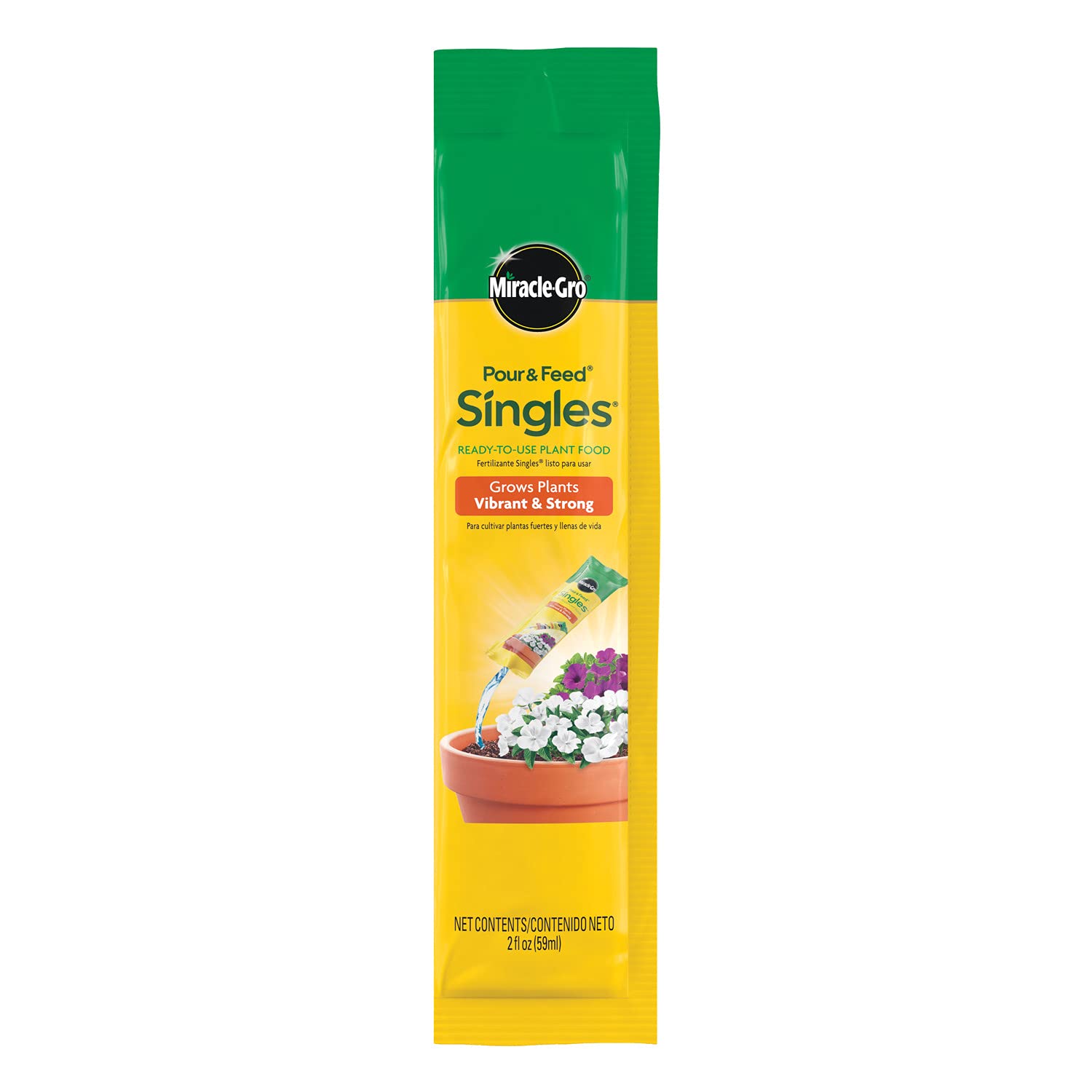 Yellow and green Miracle-Gro Pour & Feed Singles plant food packet