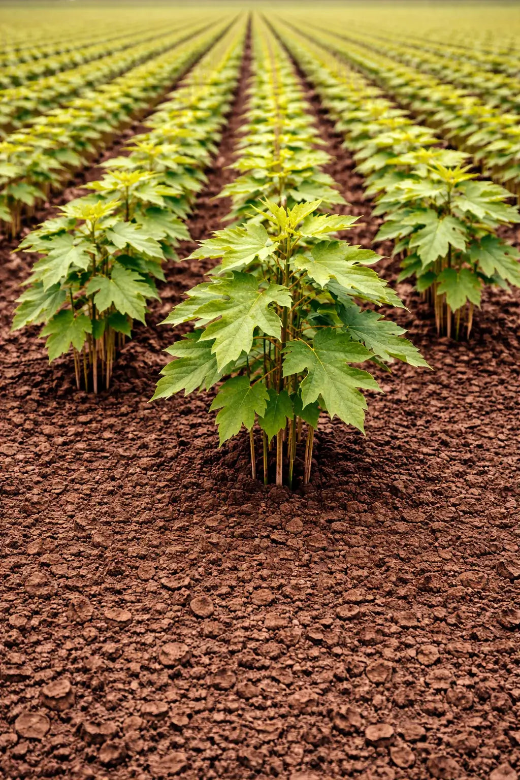 Rows of young vibrant green northern red oak seedlings with broad leaves growing in neat lines on rich brown soil