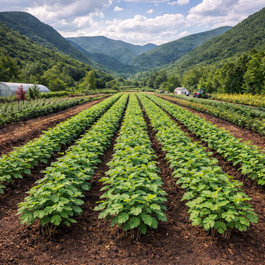Rows of Overcup Oak seedlings in vibrant green field under blue sky