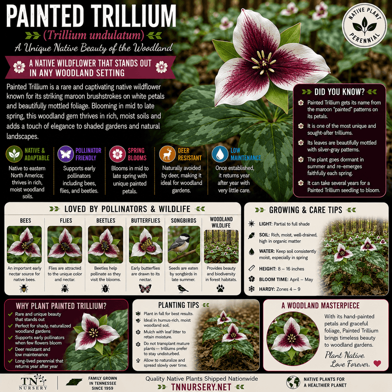 An educational garden flag titled 'Painted Trillium' featuring detailed information, care instructions, pollinator benefits, and planting tips alongside a large illustration of the pink and white wildflower.