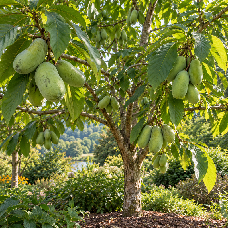 Pawpaw fruit hanging from trees