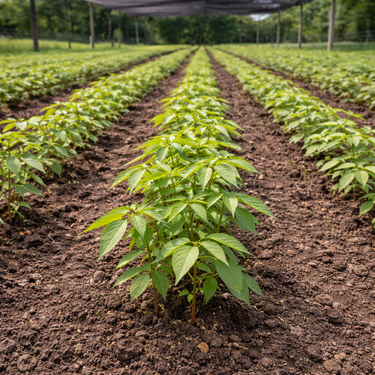 Vibrant green pepper seedlings in rows under shade net, like pecan tree seedlings