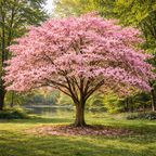 Blossoming pink dogwood tree with sturdy brown trunk and vibrant flowers