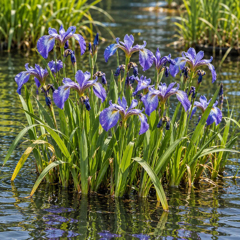 A cluster of blue-purple irises with long green leaves growing in shallow water, with reflections visible on the surface.