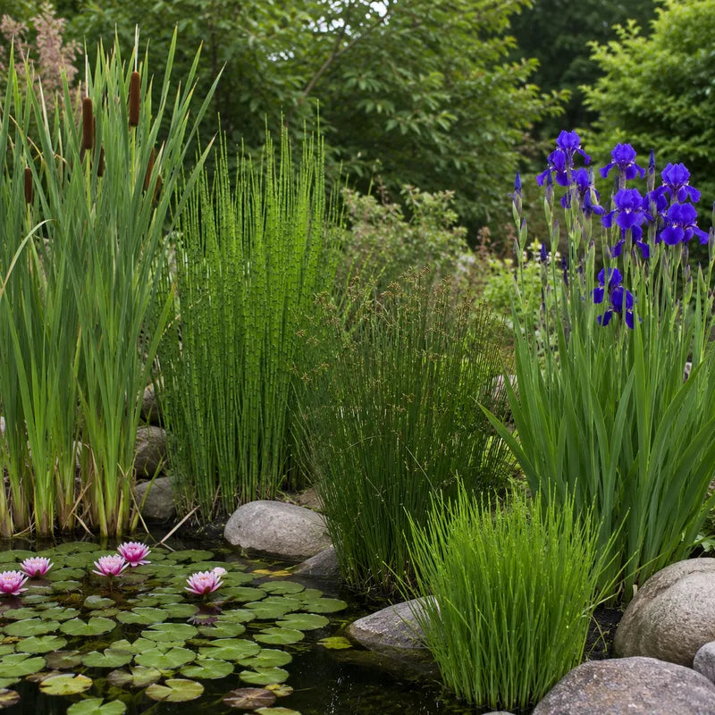 Garden pond with pink water lilies, tall purple irises, green cattails, and surrounding rocks and trees - TN Nursery