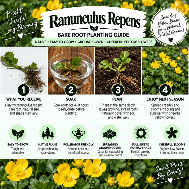 An infographic titled 'Ranunculus Repens Bare Root Planting Guide' with four numbered steps: what you receive, soak, plant, and enjoy next season. The graphic includes photos of yellow flowers, green foliage, a glass bowl with roots, and icons highlighting benefits like easy to grow, native plant, pollinator friendly, and spreading ground cover.
