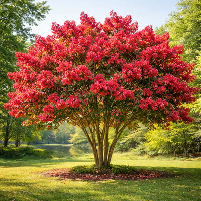Vibrant red flowering crape myrtle tree in full bloom beside a pond with green trees - TN Nursery