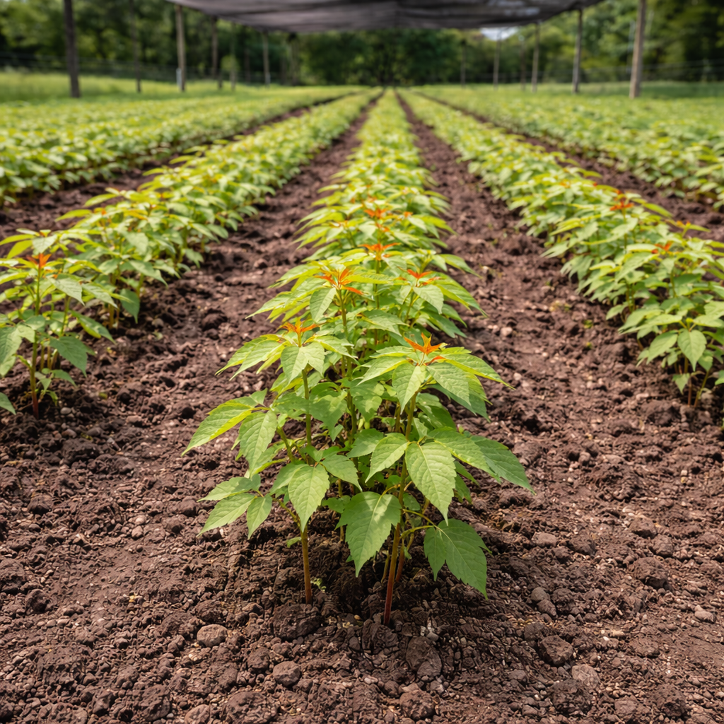 Red maple tree seedlings: rows of young green plants with orange flowers in field