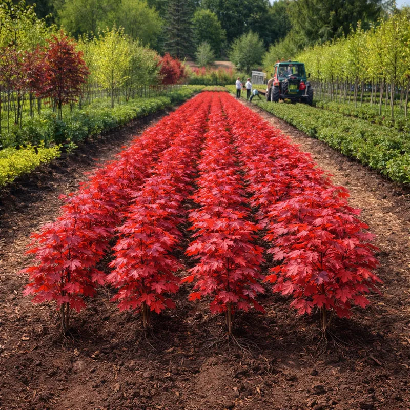 Rows of vibrant red Japanese maple trees planted in a nursery field with equipment and workers visible in the background - TN Nursery