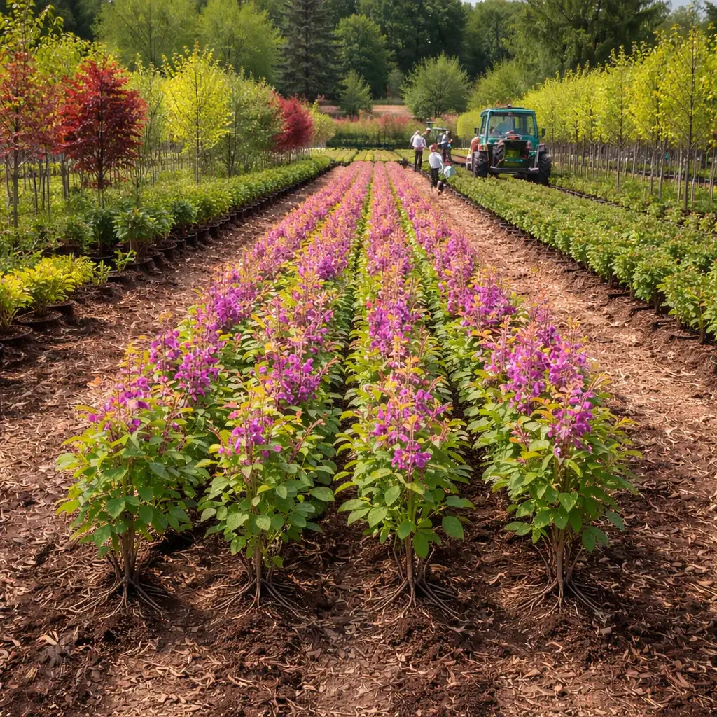 Rows of vibrant purple redbud seedlings with green foliage planted in neat lines at a nursery field