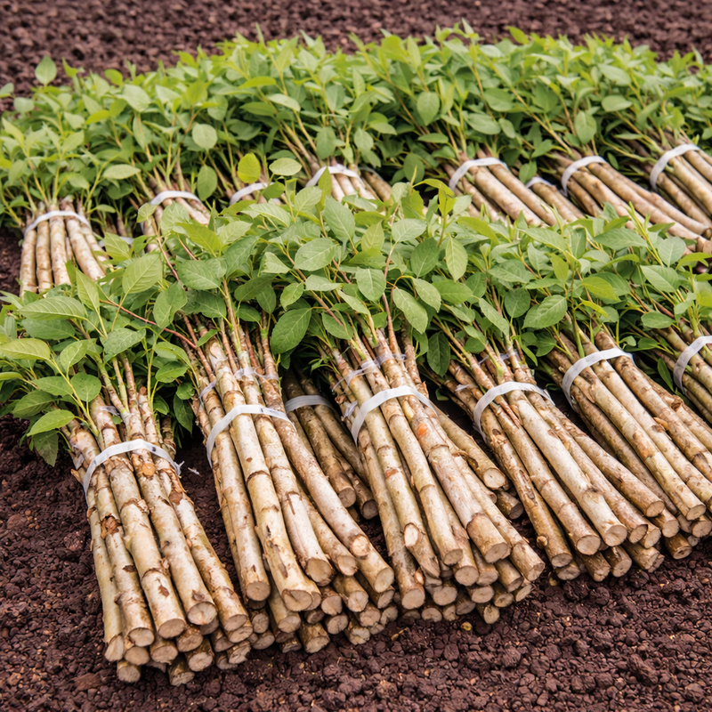 Bundles of River Birch Live Stakes saplings with green leaves and beige bark