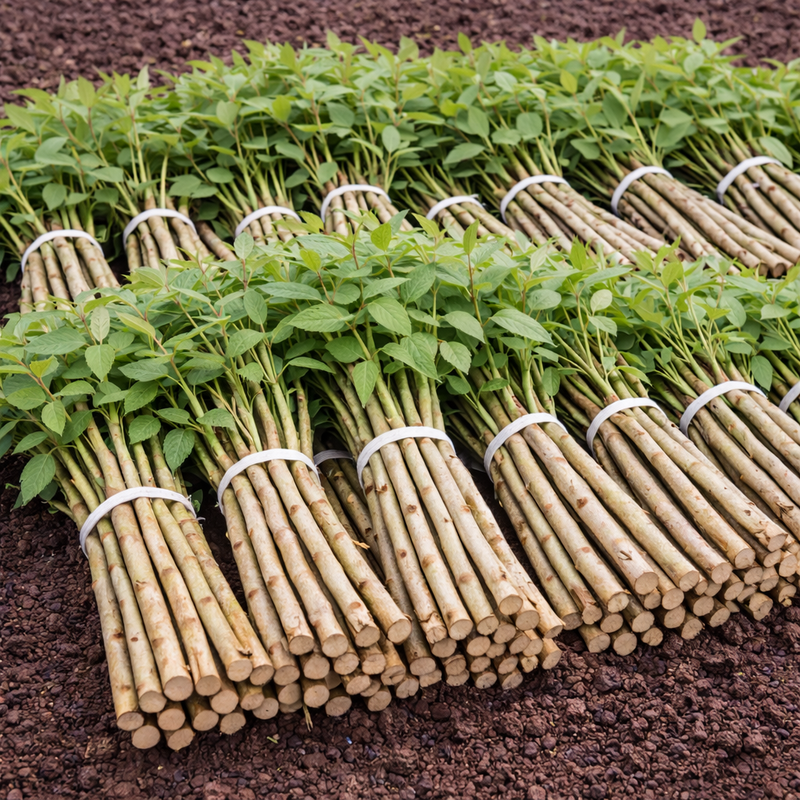Bundles of young Roughleaf Dogwood live stakes with green leaves and beige stems tied with white bands