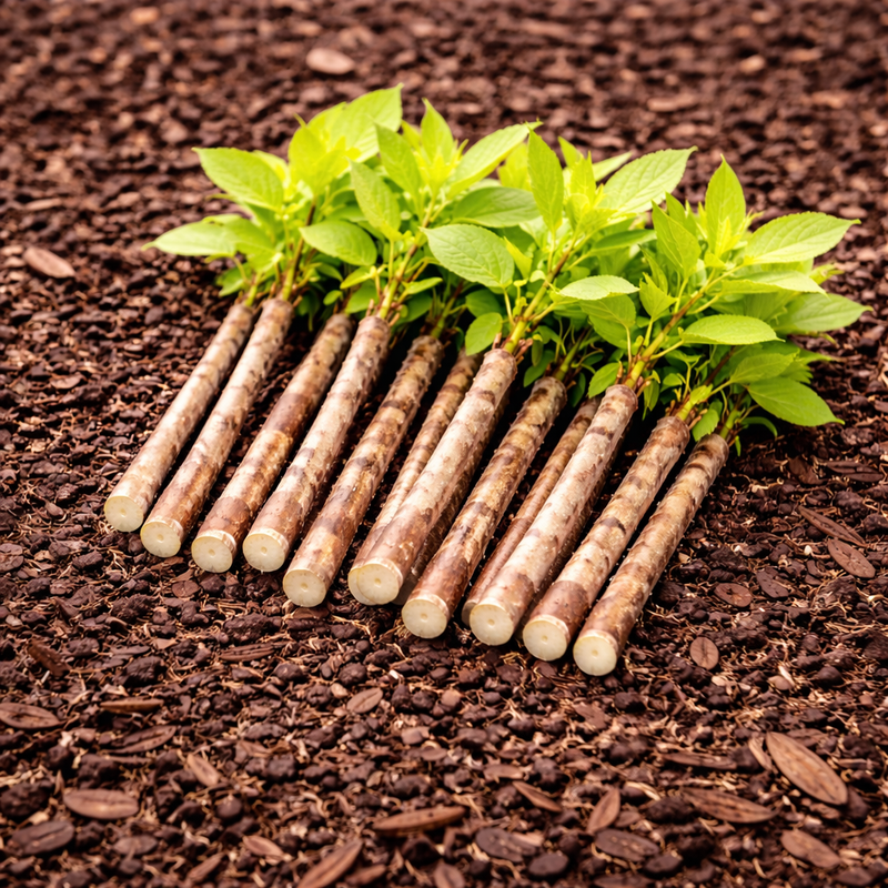Freshly harvested cassava roots with green leaves for Roughleaf Dogwood Live Stakes