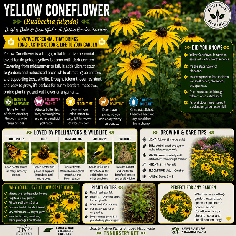 An informational garden care poster for Yellow Coneflower (Rudbeckia fulgida), featuring a bright yellow title, a central yellow flower illustration, and multiple colored informational panels detailing its characteristics, pollinators, planting, and care tips.