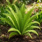 A vibrant green fern plant with delicate, arching fronds growing in a garden bed with dark soil and blurred foliage in the background.