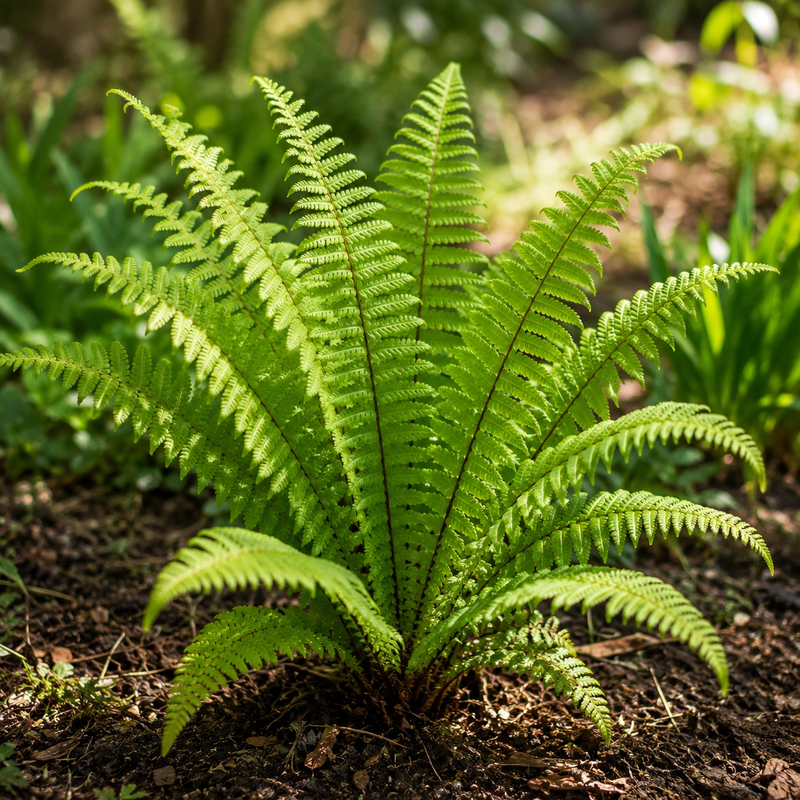 A vibrant green fern plant with delicate, arching fronds growing in a garden bed with dark soil and blurred foliage in the background.