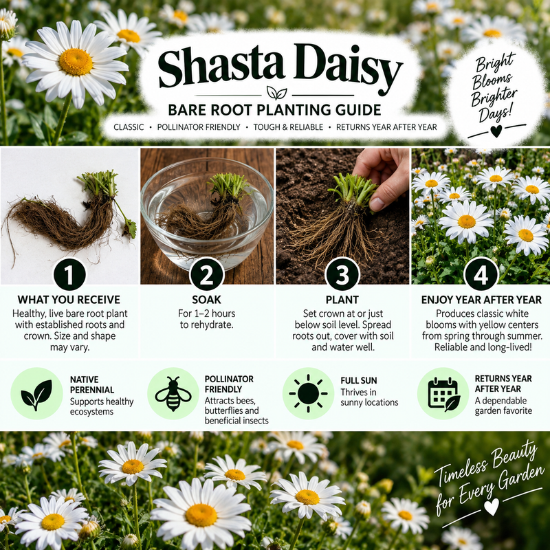 A promotional graphic for a Bare Root Planting Guide by Shasta Daisy, featuring four numbered steps: what you receive, soak, plant, and enjoy after year. The graphic includes text, icons, and photos of daisies and soil, with a white background and green foliage borders.