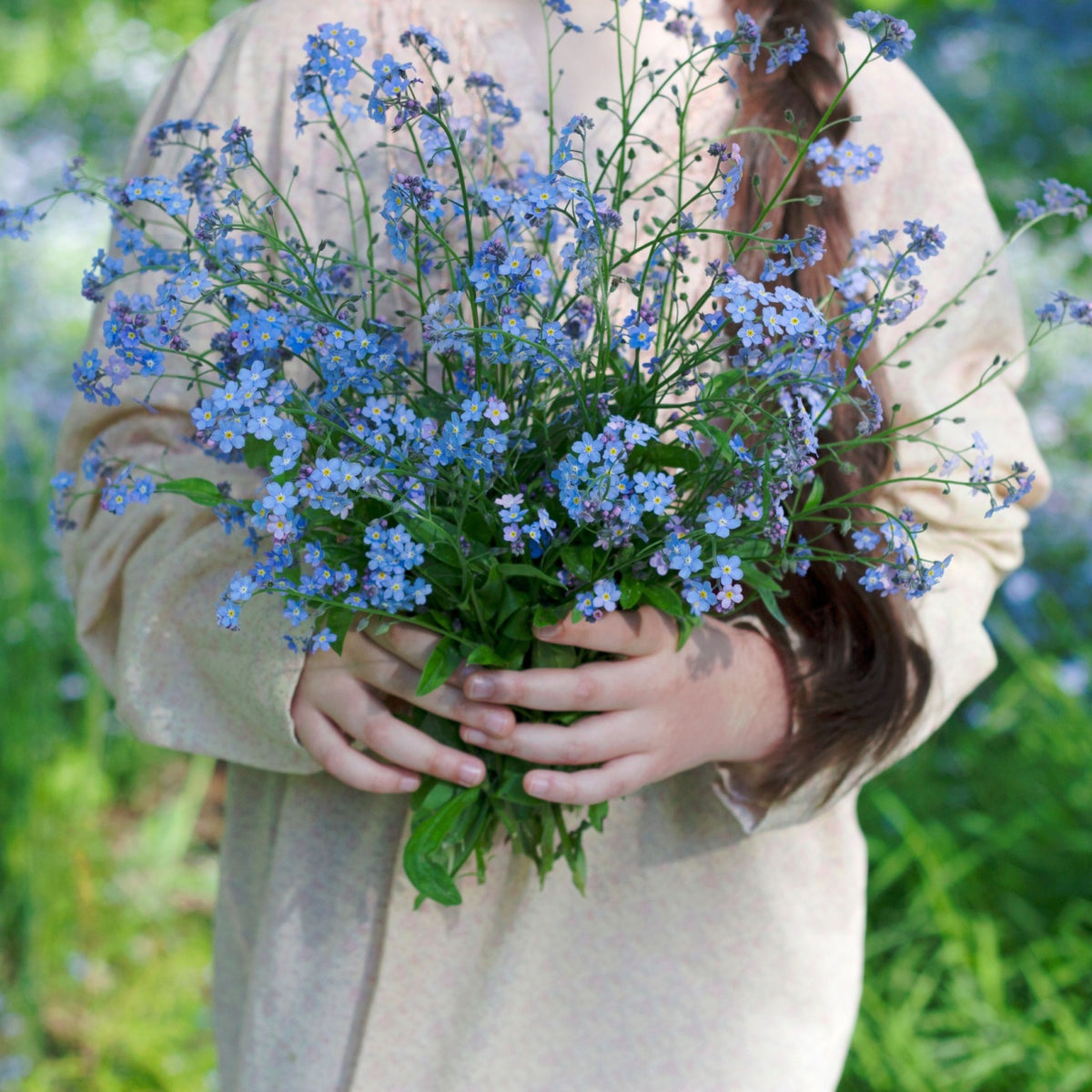 Vibrant Blue Monarch Trio bouquet of delicate blue forget-me-not flowers in hands