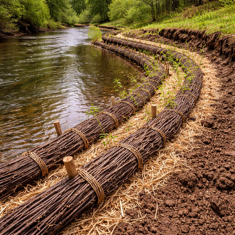 Fascine bundles with twisted brown willow branches woven and tied with natural twine for riverbank erosion control