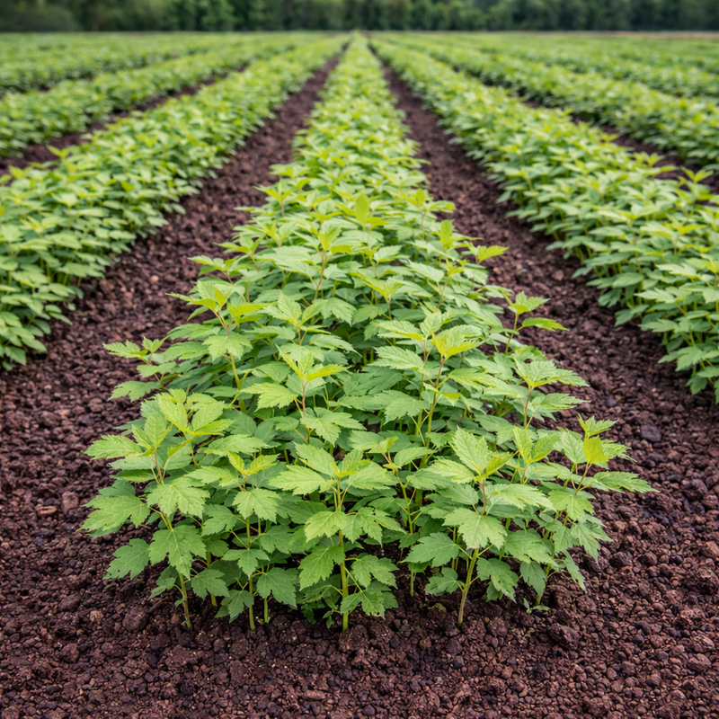 Rows of Witch Hazel seedlings in vibrant green lines on reddish-brown soil