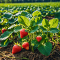 Everbearing strawberry plants with fresh vibrant red strawberries and green leafy tops growing in a sunlit field