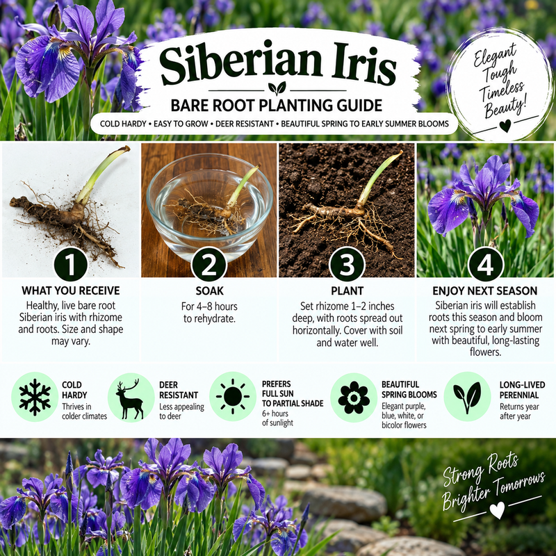 A Siberian Iris bare root planting guide infographic featuring a photo of blooming purple flowers, a product label, and four numbered steps for planting. The graphic includes text about the benefits of Siberian iris and icons indicating cold hardiness, deer resistance, sun requirements, and bloom duration.