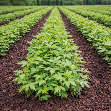 Rows of Silver Maple seedlings with vibrant green serrated leaves in dark soil