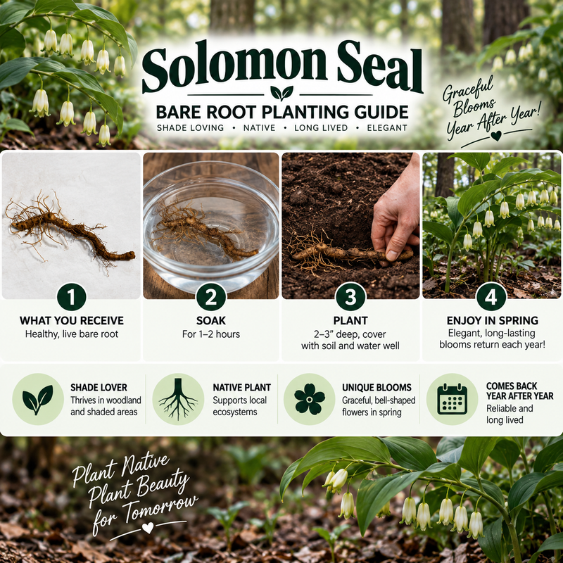 A promotional graphic for the Solomon Seal Bare Root Planting Guide, showing a four-step process with photos of bare roots, soaking in water, planting in soil, and blooming native plants in spring. The guide features the brand name 'Solomon Seal' prominently at the top and additional text highlighting the benefits of native plants.