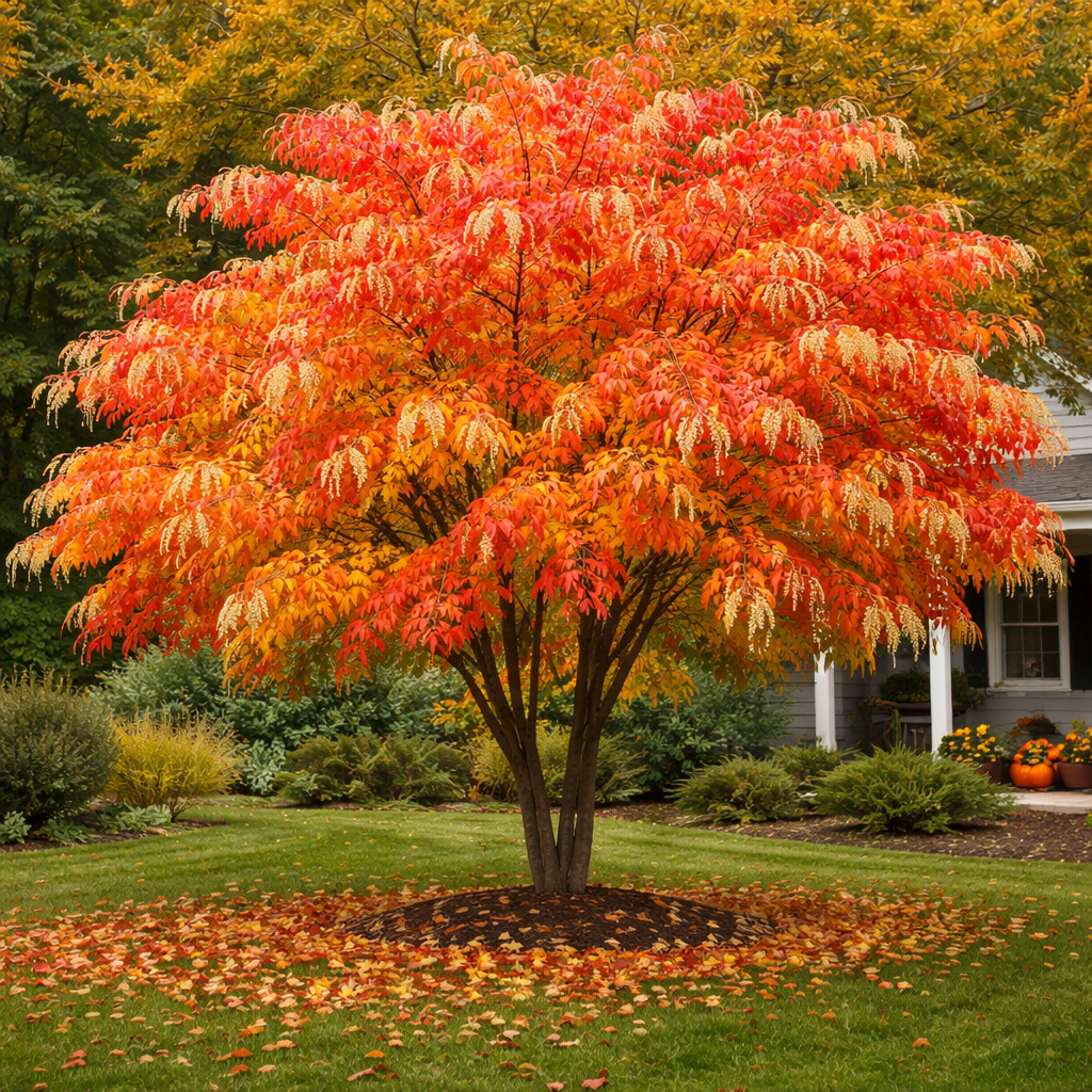 Vibrant Sourwood Tree with fiery red, orange, and yellow autumn leaves