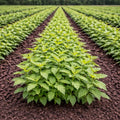 Rows of young potato plants with bright green foliage growing in dark soil in a cultivated field - TN Nursery