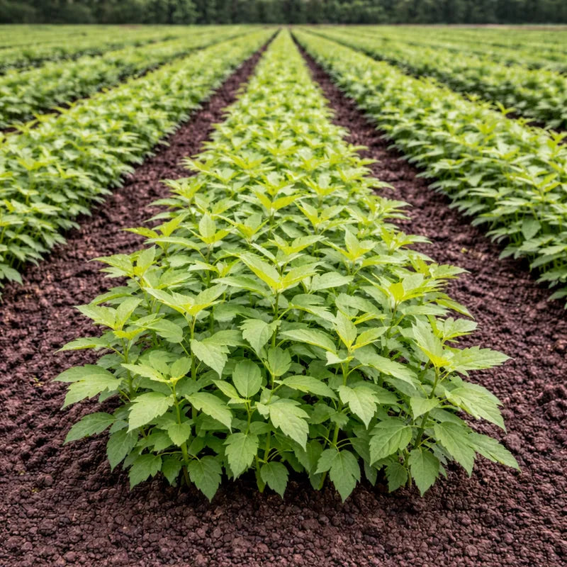 Rows of young potato plants with bright green foliage growing in dark soil in a cultivated field - TN Nursery