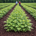 Rows of Southern Red Oak seedlings with vibrant green serrated leaves in soil