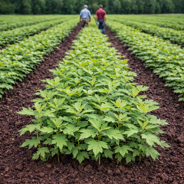 Rows of Southern Red Oak seedlings with vibrant green serrated leaves in soil