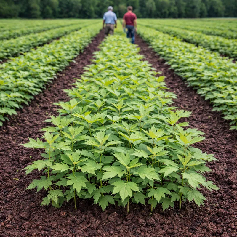 Young celery plants in organized rows in a field with two farmers walking in the distance - TN Nursery