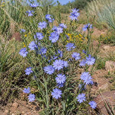 Blue chicory flowers blooming in a natural outdoor setting with dry grass, soil, and small rocks.