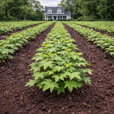 Rows of vibrant green Sweet Gum seedlings in neat lines on rich brown field