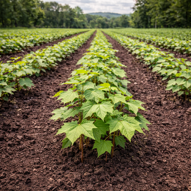 Rows of vibrant green Sycamore Seedlings in neat lines on dark brown soil