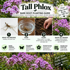 A promotional graphic for Tall phlox Bare Root Planting Guide, featuring four numbered steps (What You Receive, Soak, Plant, Enjoy You After) with illustrative photos and text, set against a background of wildflowers.