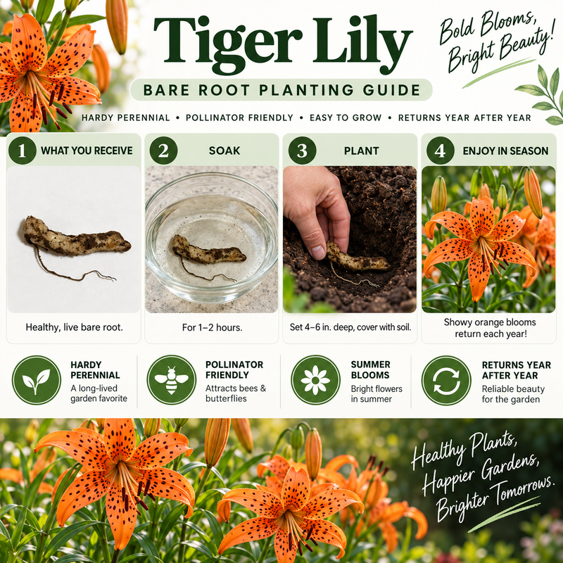 A promotional graphic for Tiger Lily bare root planting, featuring four illustrated steps: what you receive, soak, plant, and enjoy in season. The design includes large orange tiger lilies, green foliage, and text highlighting hardy perennial qualities and year-after return.