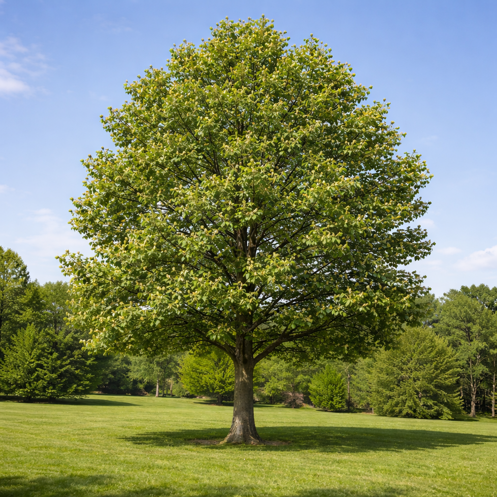 Full-grown Tulip Poplar Tree with sturdy trunk and lush green foliage under blue sky