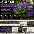 An informational garden guide poster for Sweet Violet (Viola odorata), featuring purple flowers, pollinators, growing tips, planting instructions, and care details on a white background with purple and orange accents.
