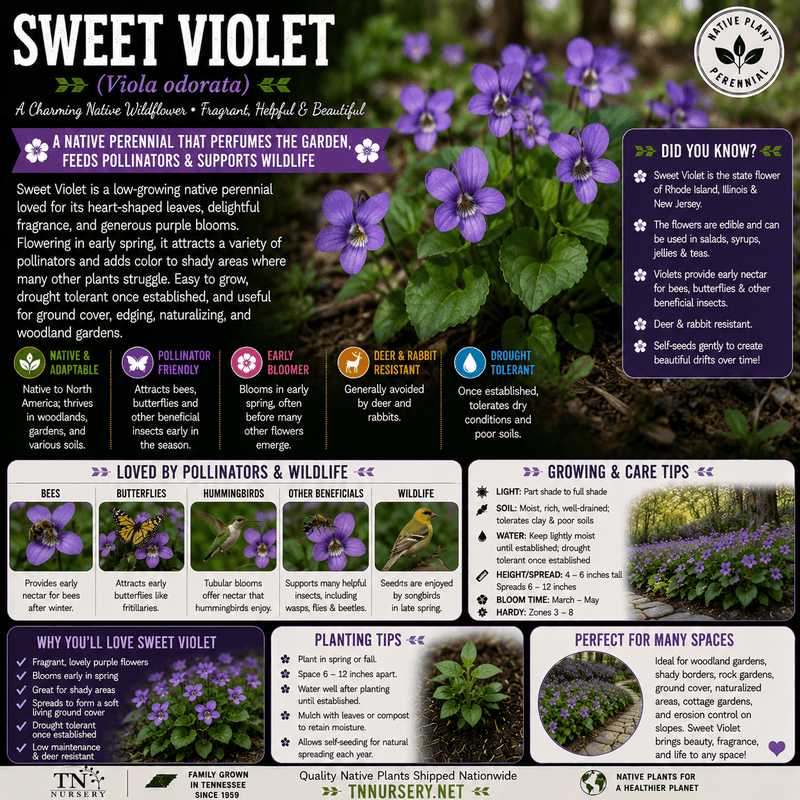 An informational garden guide poster for Sweet Violet (Viola odorata), featuring purple flowers, pollinators, growing tips, planting instructions, and care details on a white background with purple and orange accents.