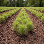 Young pine seedlings planted in rows in a cultivated nursery field with forest backdrop - TN Nursery
